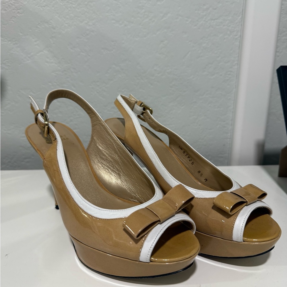 Stuart Weitzman Tan and White Peep-Toe Heels